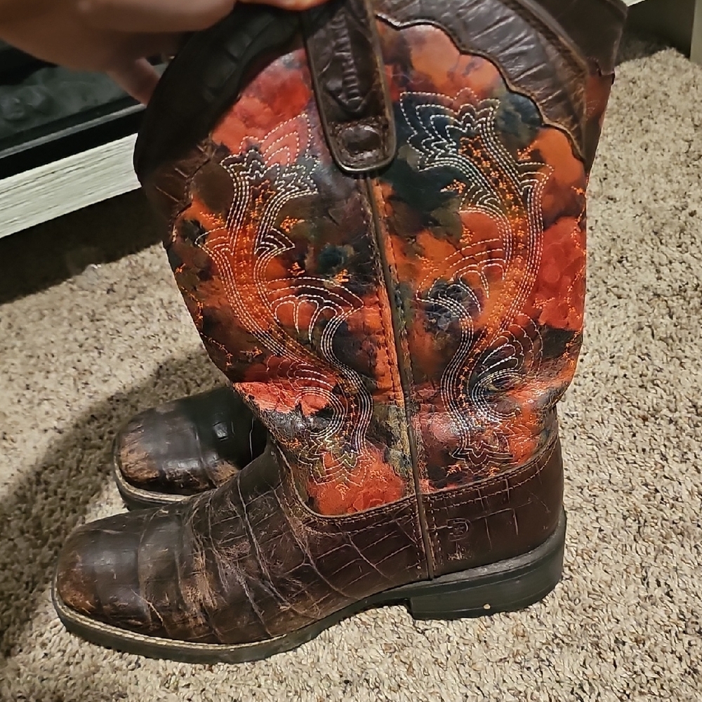 Brown Leather Western Cowboy Boots with Orange Floral Stitching - Picture 6 of 6